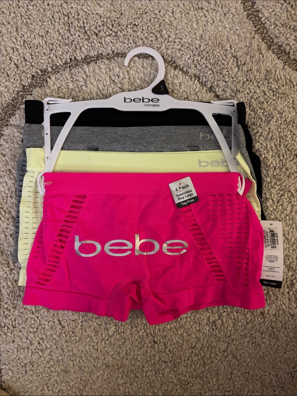 bebe 4-Pack Women’s Boyshorts- Hot Pink, Yellow, Gray, Black